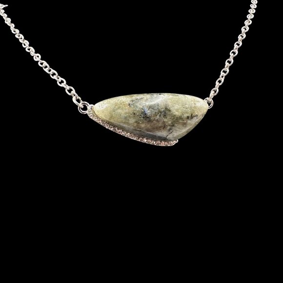 Silver Toned Chain Necklace W/ Labradorite Pendant & Rhinestone Boho Chic - Picture 2 of 7